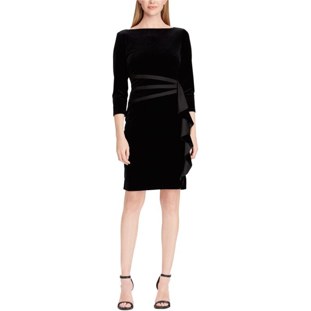 American Living Womens Ruffled Sheath Dress, Black, 4, DM